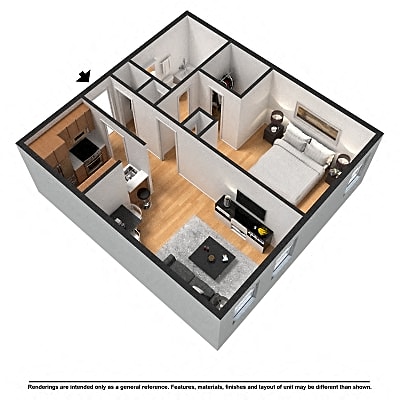 Floor plan for 1 bed, 1 bath, 500 sqft